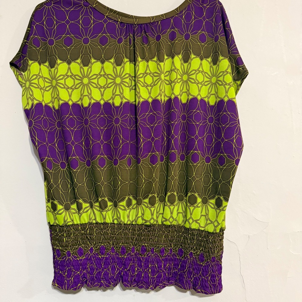 Y2K Uniti Stretch Women's Purple Green Floral Blouse Top Size Small Retro Indie